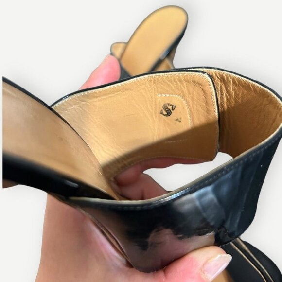 Hermès Black Patent Leather Sandals 36.5 Gold Hardware Buckle Heel Textured Stud - Picture 9 of 10